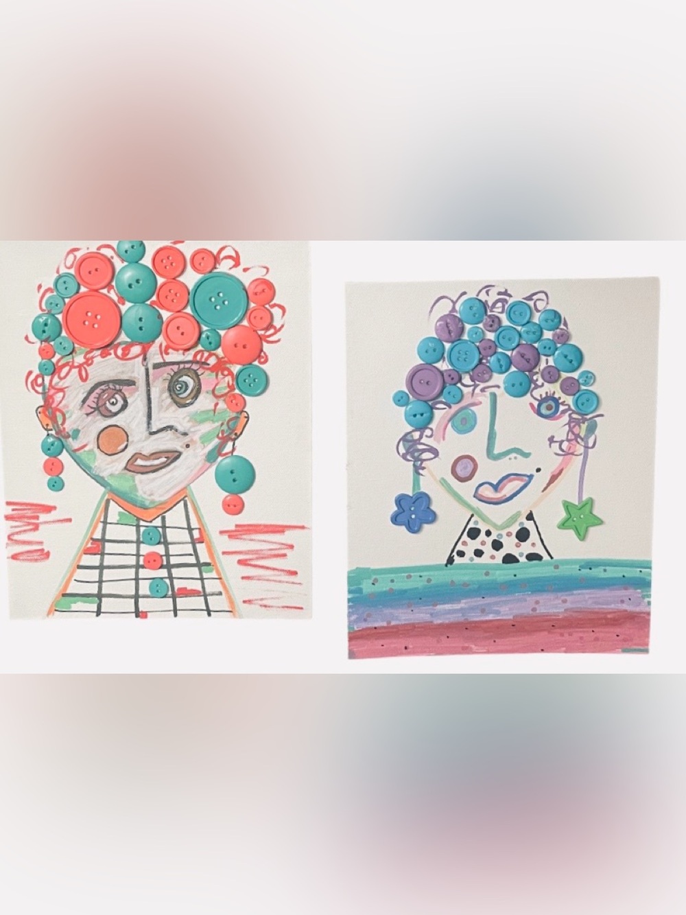 Button Art Duo Canvas Set - Coral, Teal & Lavender Faces 8 x 10